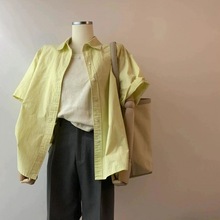 黄色正肩衬衫女士新款夏设计感小众polo领宽松短袖衬衣棉上衣