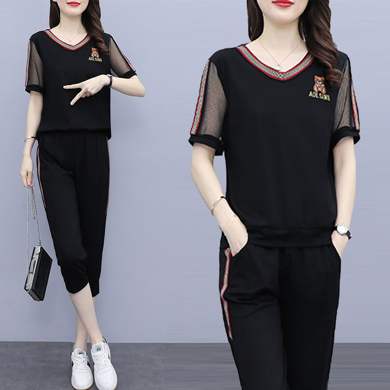 大码女装运动服潮女2024年夏季新款短袖 七分裤时尚宽松休闲套装