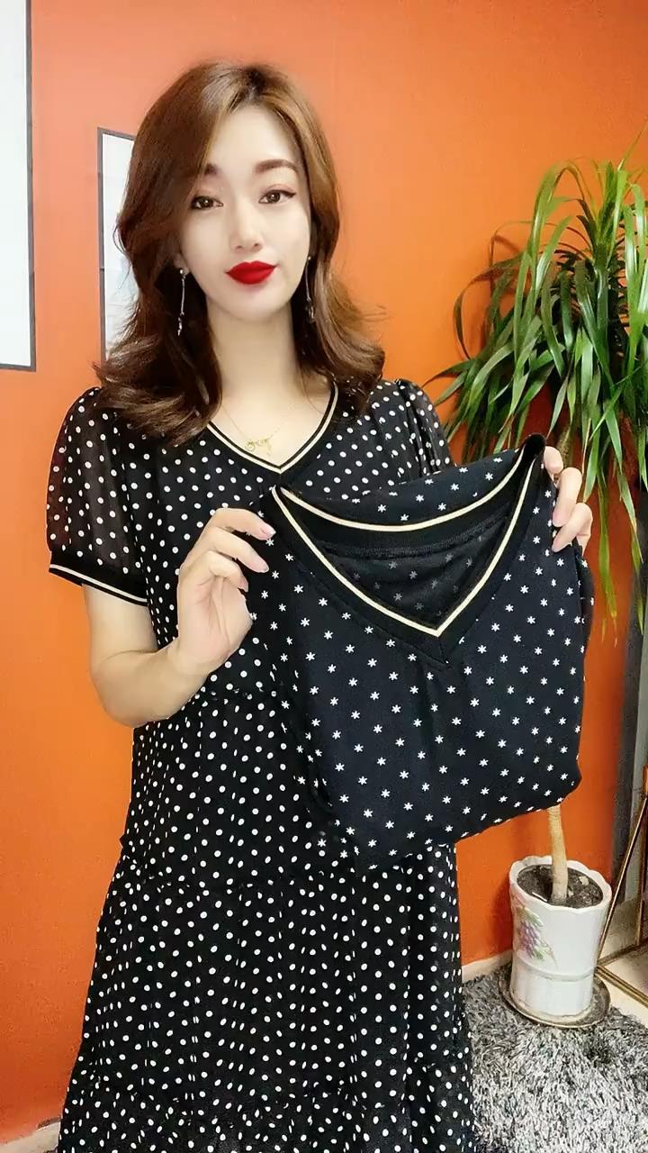 夏款斑点雪纺连衣裙女时尚休闲气质长裙减龄轻熟风洋气显瘦妈妈装