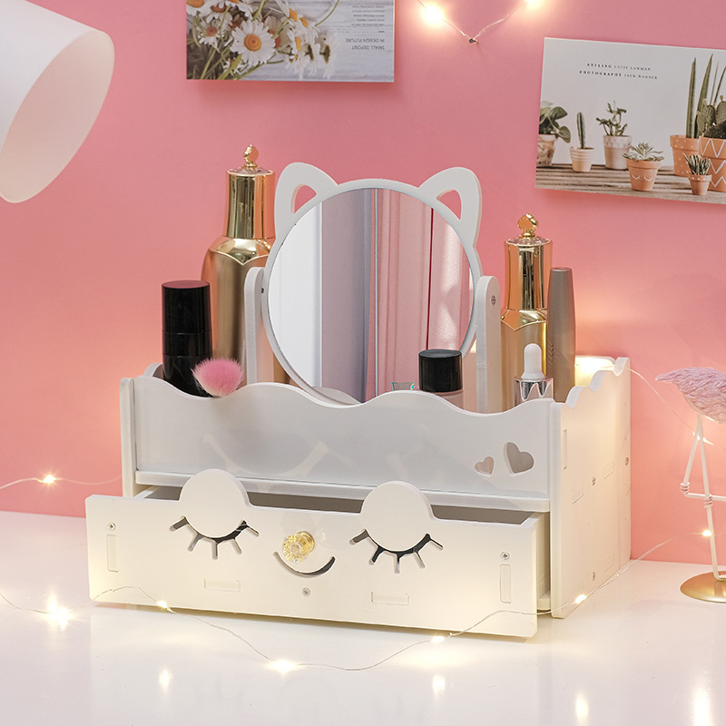 Makeup Mirror Storage Box Desktop Dressing Table Mirror Cartoon Mirror Portable Combination Simple Dormitory Desktop Cute Mirror