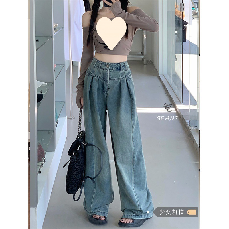 少女港风复古拖地牛仔裤女夏季新款直筒宽松阔腿裤裤子长裤
