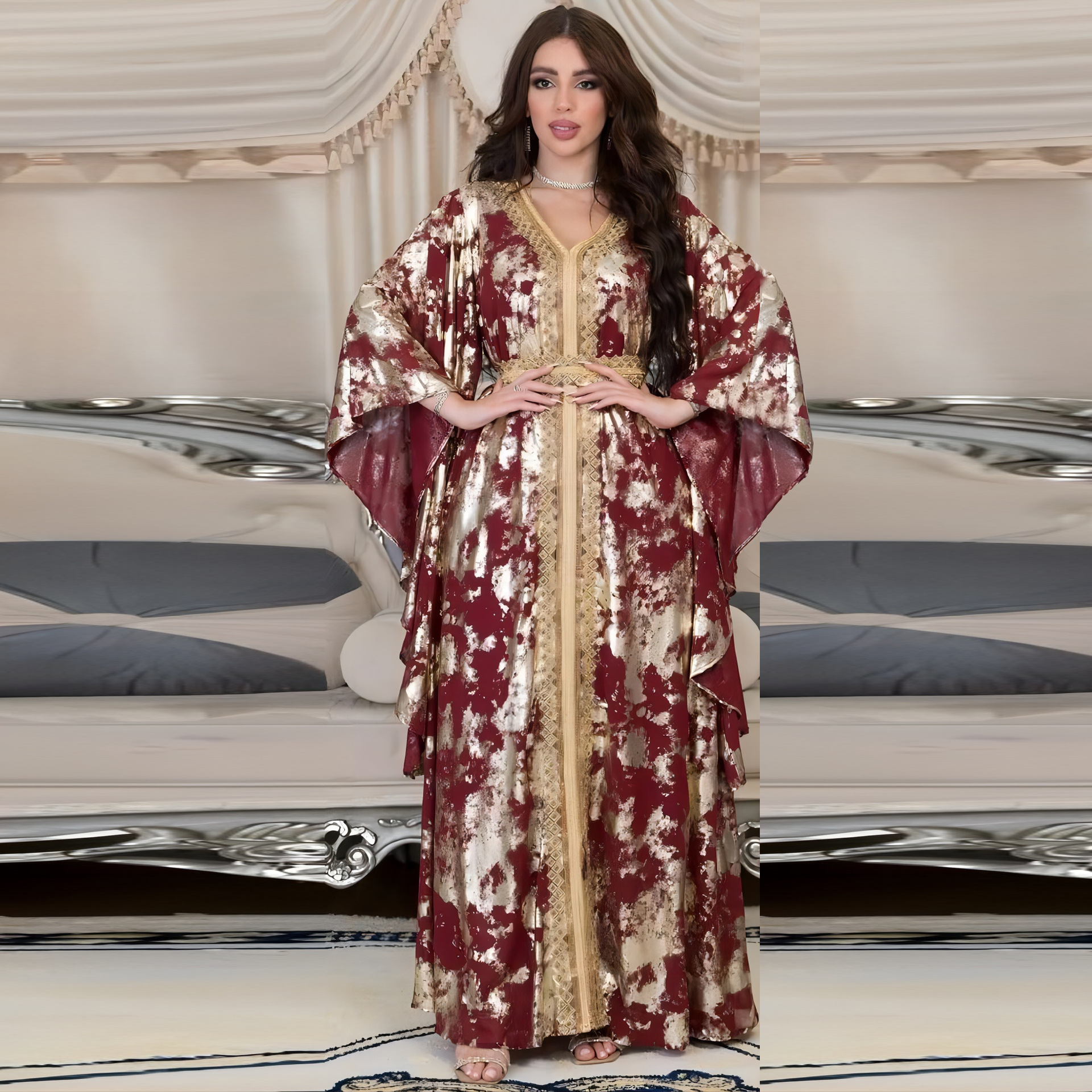 Ab286 Cross-Border Middle East 2023 Spring New Muslim Chiffon Bronzing Robe Containing Belt Dress