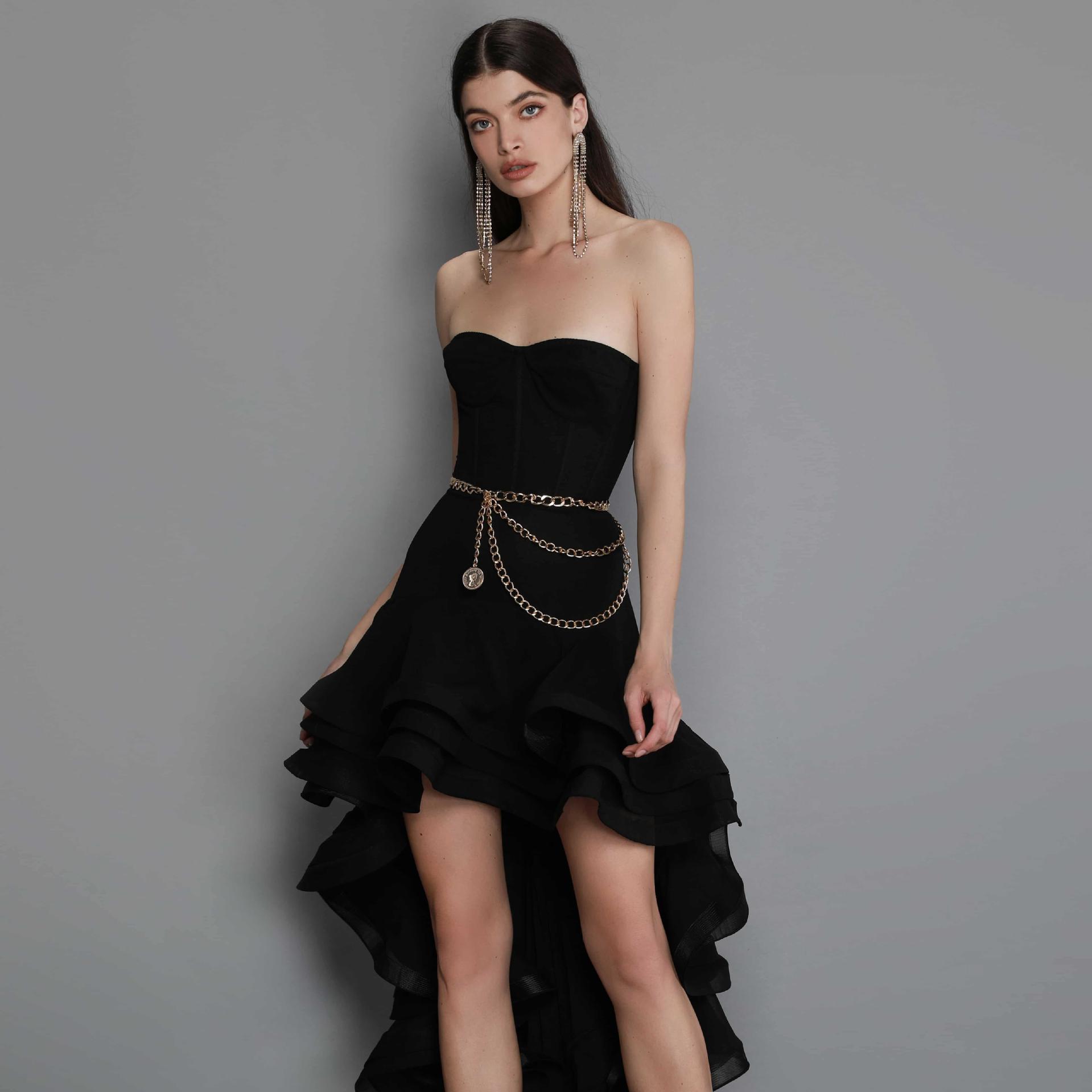 夏季新款抹胸连衣裙花边拖地轻礼服链条设计小众百搭走秀晚会服饰