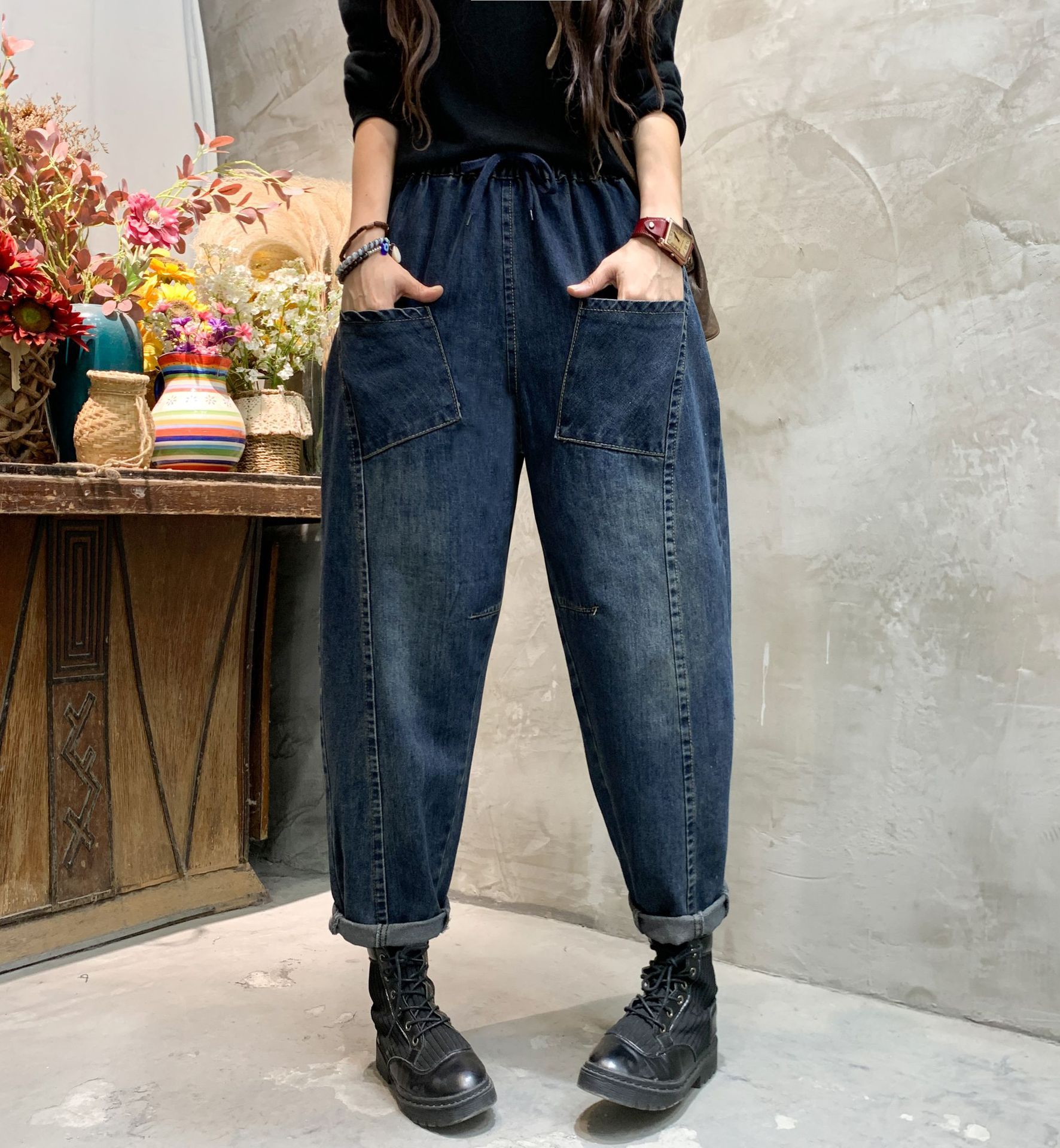 2021秋装文艺复古新款拼接水洗牛仔长裤女宽松显瘦哈伦裤子