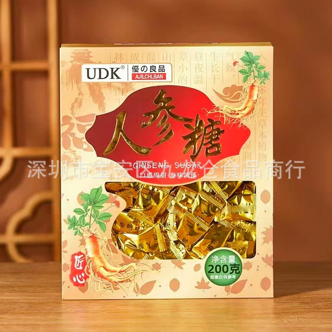 批发udk优之良品人参糖口感绵甜参味浓郁年货润喉糖果零食品200g