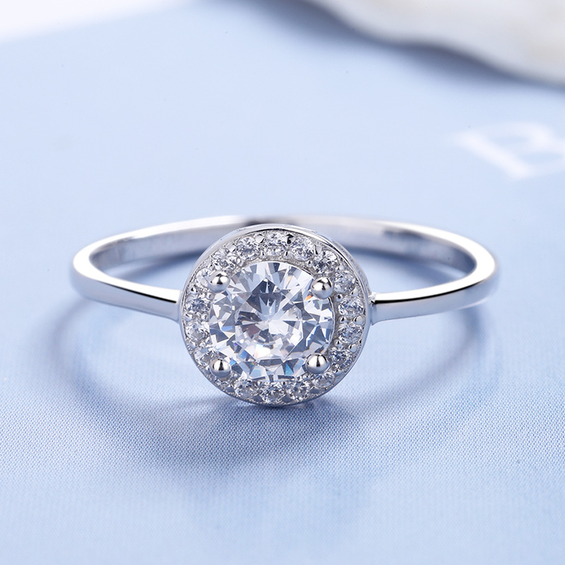 s925纯银气质钻石戒指日韩简约个性戒指满钻低奢圆形四爪戒指女