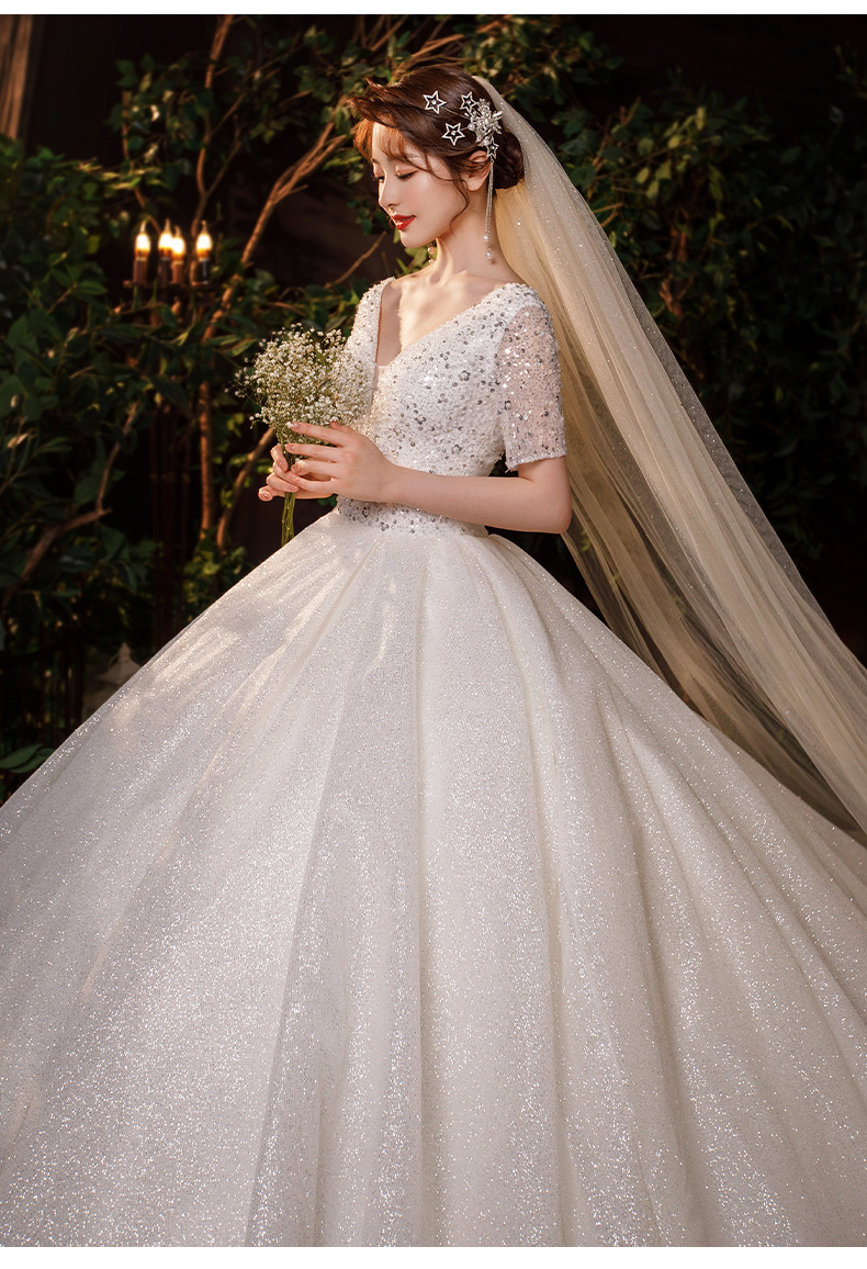 外贸货源 婚纱礼服供应2021新款欧美大码v领包肩新娘显瘦拖尾批发