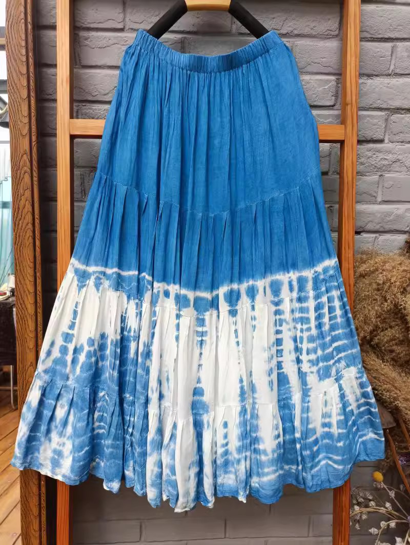 原创大理手工扎染蓝染蜡染拼接半身裙大摆长裙旅行女装四节大摆裙