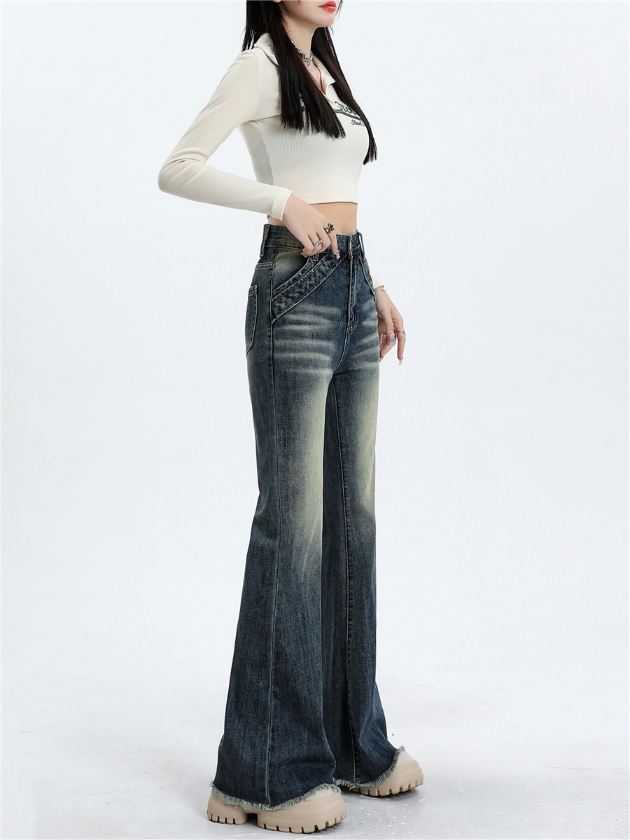 American Retro Flared Jeans Women's New High Waist Elastic Slim Fit Slimming Design Feeling Mopping Raw Edge Horseshoe Pants