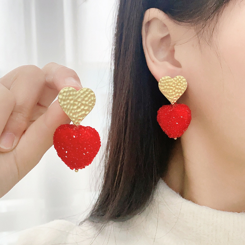 s925银针韩版东大门网红气质耳饰甜美少女心大红色立体爱心形耳环