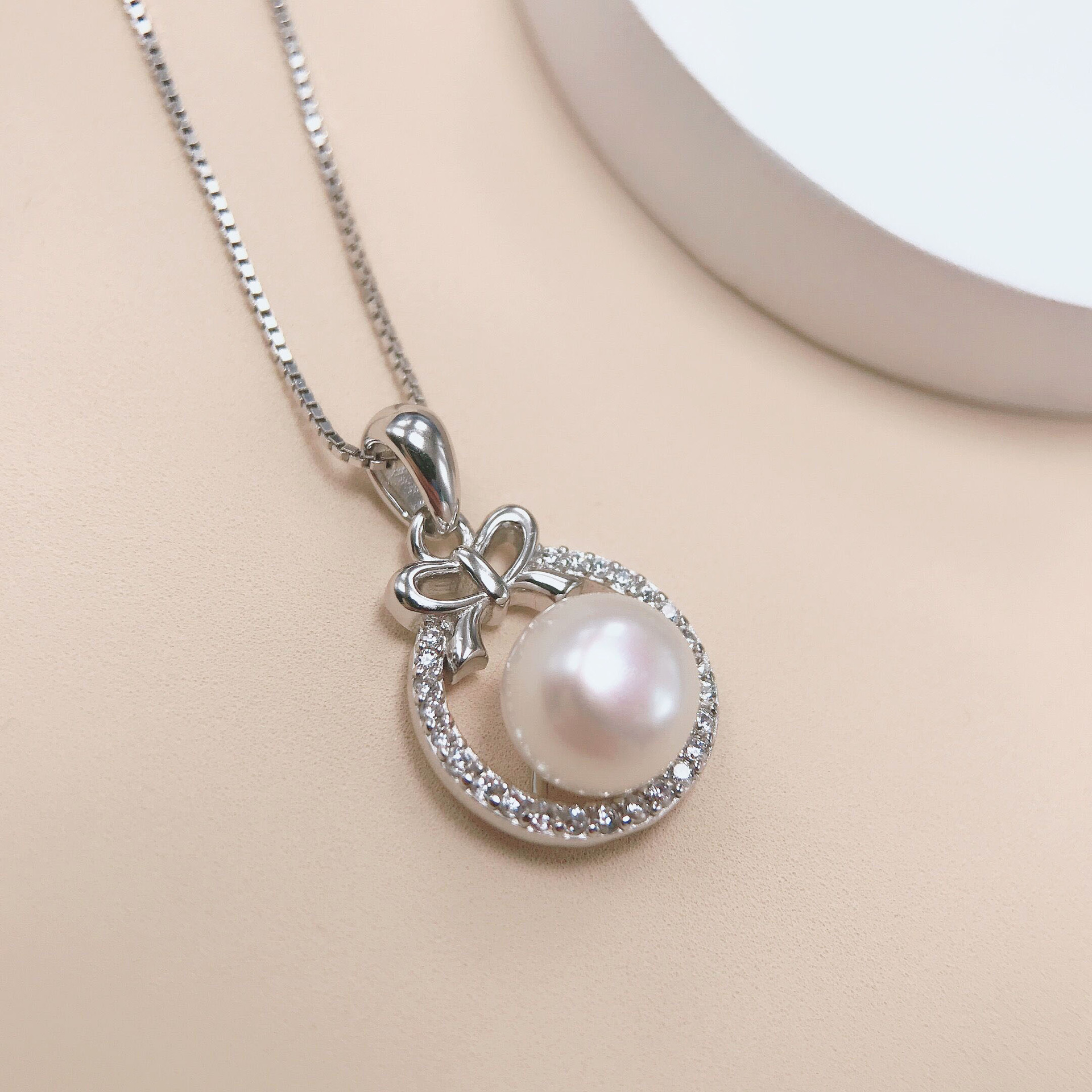 时尚百搭s925纯银项链甜美蝴蝶结淡水珍珠项饰小清新简约首饰批发