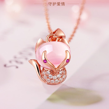 热卖芙蓉石粉水晶小狐狸吊坠粉晶情系狐缘吊坠项链桃花狐仙锁骨链