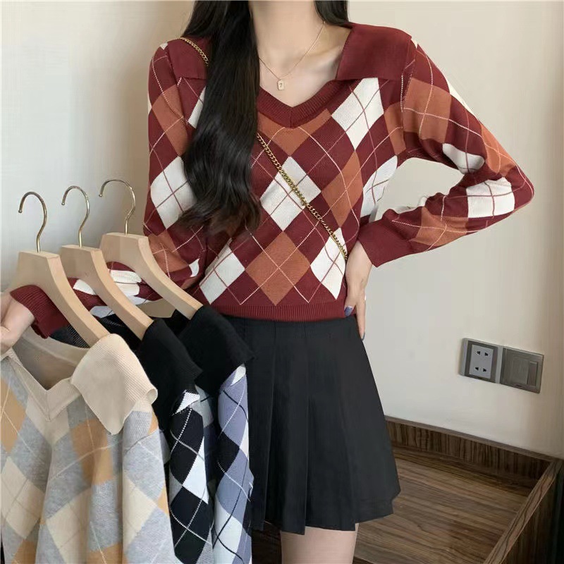 翻领菱格短款长袖针织衫女秋冬季女装新款v领修身显身高打底上衣