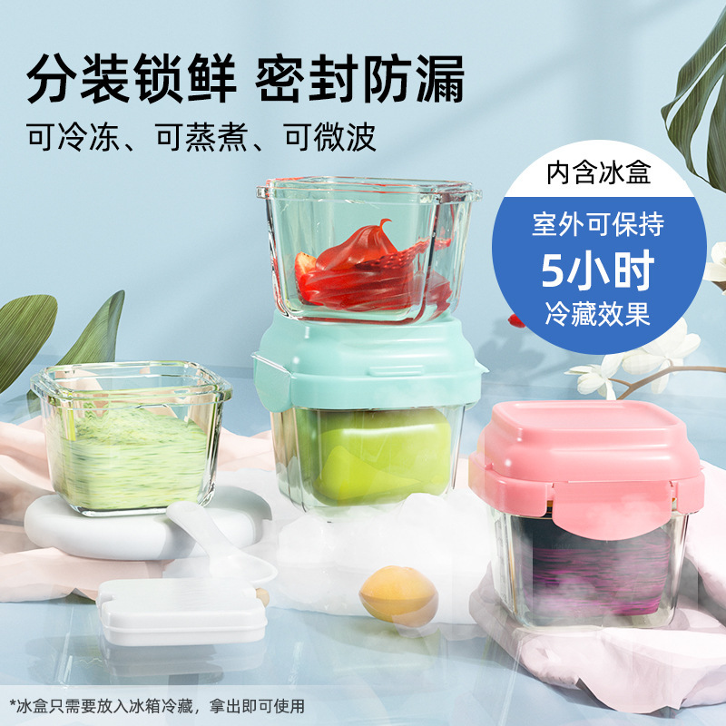 New Baby Crisper Glass Ice Box Refrigerated Carry out Freezer Box with Spoon Supplementary Food Box Storage Snack Box