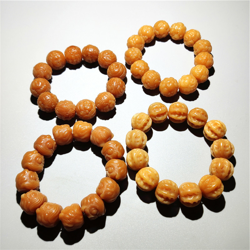 风化黄菩提根雕刻佛珠手串文玩手链老型桶狮子抱球念