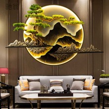 ttd新中式客厅沙发背景墙现代装饰画带灯迎客松挂件圆形茶台玄关