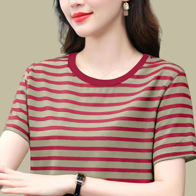 Cotton Striped T-shirt Short Sleeve Women's Middle-Aged Mother's Summer Large Size Loose All-Matching Slimming T-shirt Half Sleeve Top