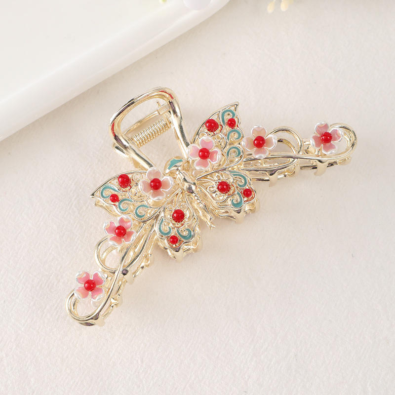 汉服滴油发夹国潮风珍珠后脑勺女发抓鲨鱼夹宫廷古风红色花朵抓夹