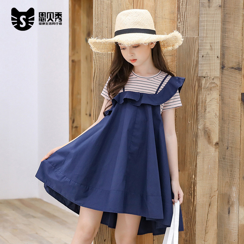 思贝秀女童连衣裙2024夏装新款韩版短袖宽松大童拼接时髦公主裙