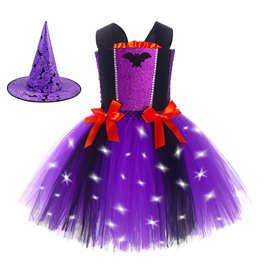 欧美新款万圣节亮片蝙蝠连衣裙女巫裙LED儿童表演走秀服含女巫帽
