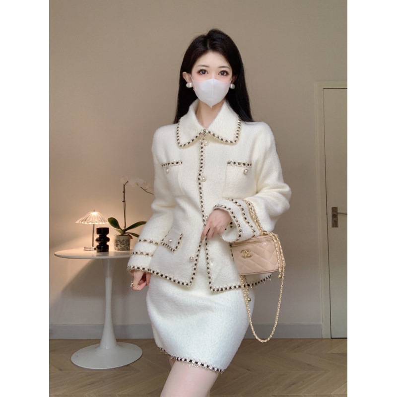 气质名媛套装法式小香风外套女2023秋季新款韩版包臀连衣裙两件套