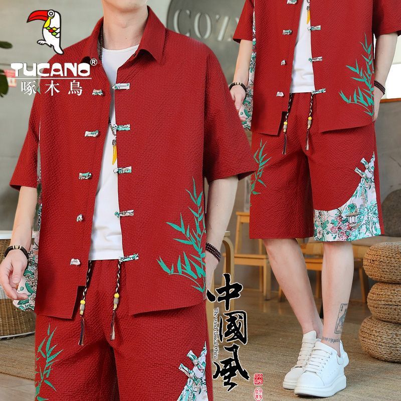 啄木鸟唐装男夏季冰丝短袖t恤两件套装复古民族中国风男装汉服男
