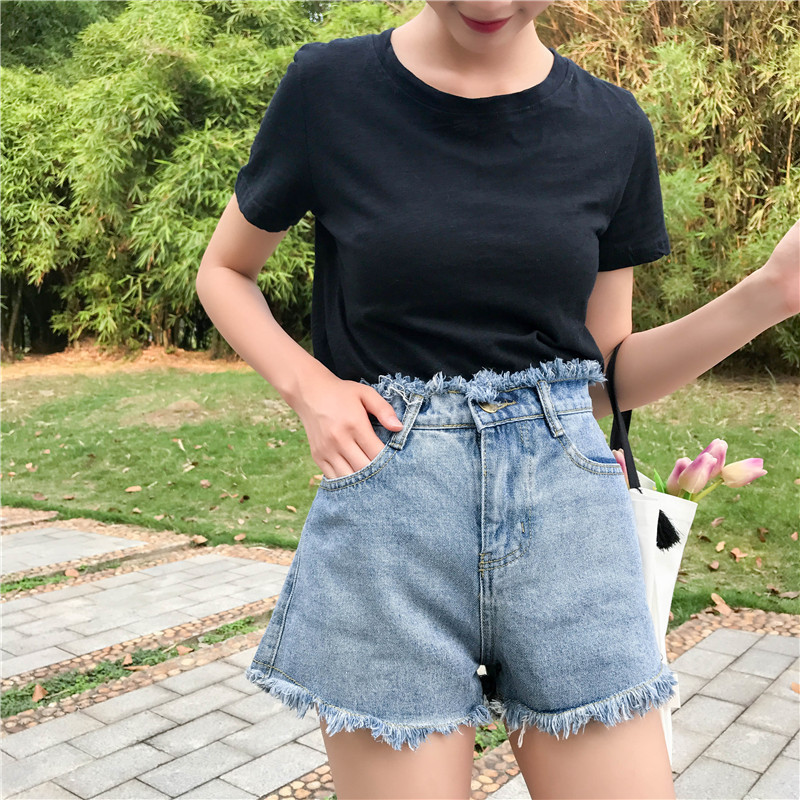 夏装新款大码女装牛仔短裤夏胖妹妹大粗腿宽松百搭须边牛仔热裤潮
