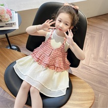 女童潮流韩版套装夏款2024新款红格子吊带薄款背心裙爆款可爱公主