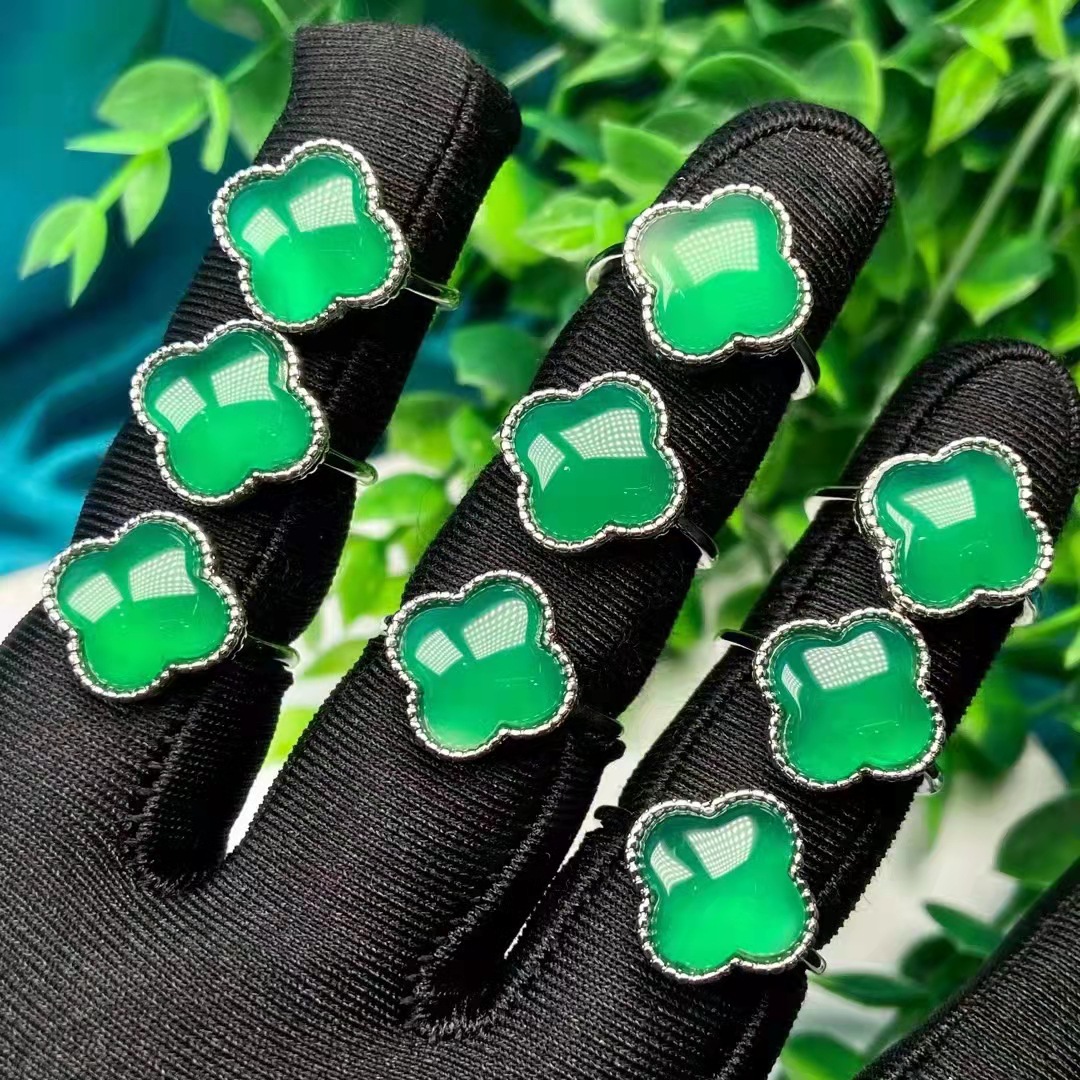 戒指女绿玉髓四叶草戒指开口可调节白铜镀银高冰玛瑙戒指潮流饰品