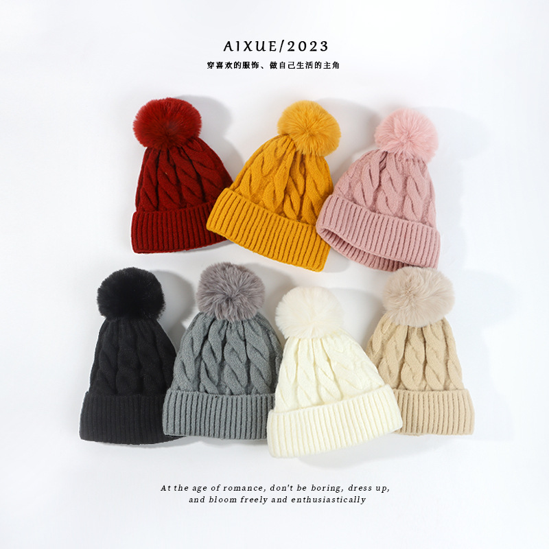 23 Fleece-Lined Autumn and Winter Fur Ball Twisted Woolen Yarn Hat Thick Warm All-Match Knitted Earflaps Cap Trendy All-Matching Beanie Hat