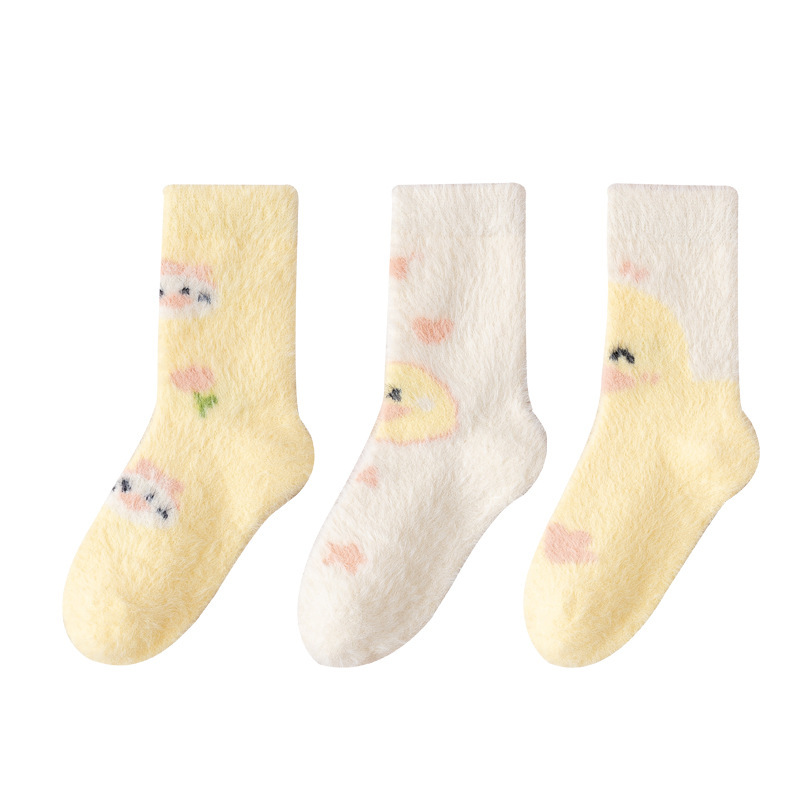 New Autumn and Winter Thickening Mink Fur Kid's Socks Boys and Girls Small Yellow Duck Warm Double-Sided Velvet Soft Cute Socks