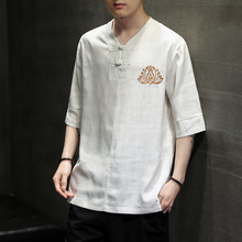 夏季刺绣中国风大码短袖茶艺服凉感T恤日常亚麻透气五分袖TX61