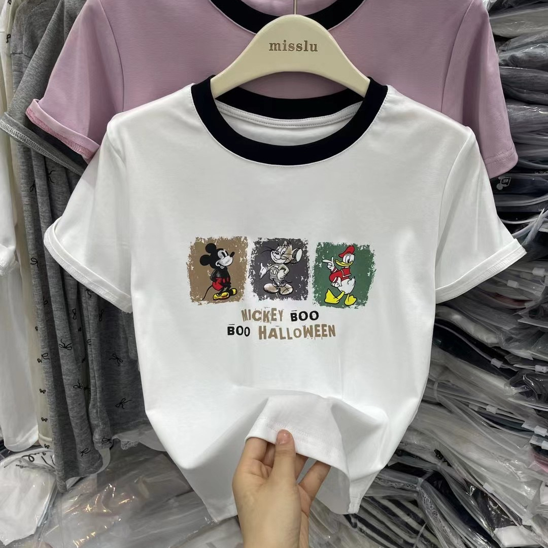 字母印花卡通图案短袖t恤女2024春夏新款修身显瘦洋气百搭上衣潮