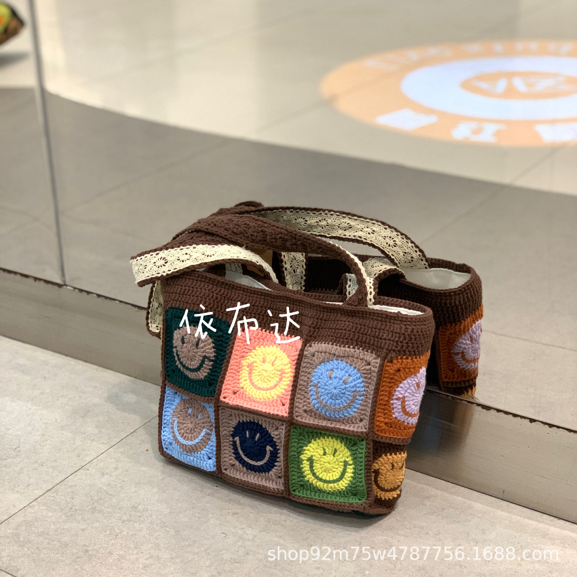 美拉德色系笑脸钩针包包棉线跨境撞色手工编织包牛奶棉单肩托特包