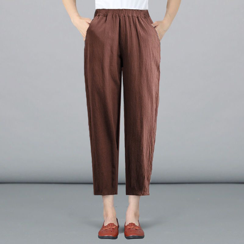Middle-Aged Mom Cotton and Linen Cropped Pants Spring and Summer Cotton Women's Pants Loose Large Size Elastic Waist Casual Pants Harem Pants Women's Fashion
