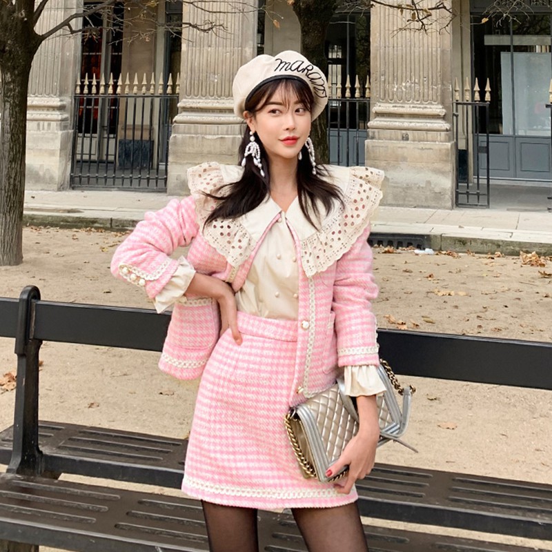 甜心千金风甜美小香风两件套装跨境女装韩版毛呢外套 高腰a字短裙