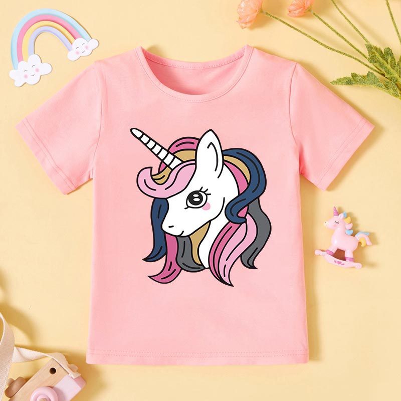 独角兽印花童装男女中小童t恤欧美夏新款透气儿童短袖家庭服上衣