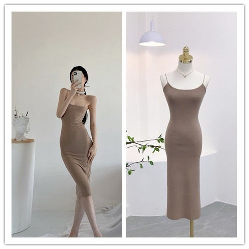 6306运博法式复古气质方领细肩带修身显瘦露背吊带裙背心连衣裙