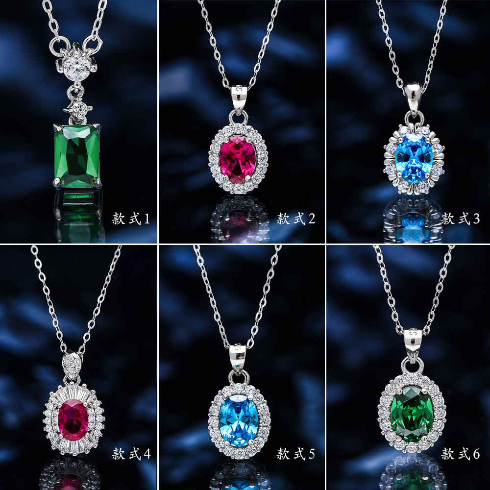 正品红宝石项链女款s925纯银镶蓝宝石吊坠一克拉祖母绿吊坠饰品