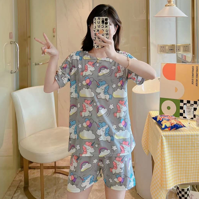 Factory Wholesale Multiple round Neck Short Sleeve Pajamas Women's Summer Casual Loose Milk Silk Home Wear Suit Foreign Trade Cross-Border