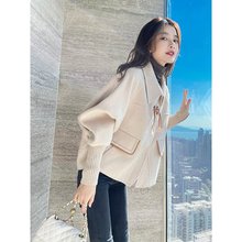 2024年春季新款毛呢小个子外套蝙蝠针织袖牛角扣女春秋短款大衣冬