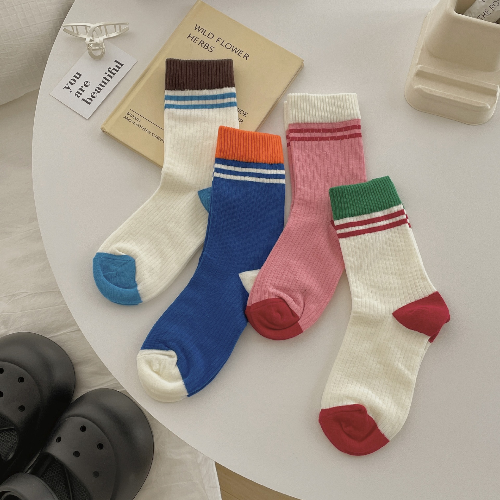 复古配色氛围感ins潮春夏新款拼接撞色百搭条纹中筒袜子女批发