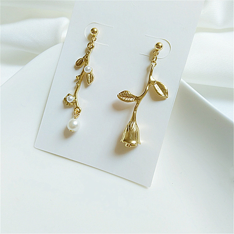 玫瑰花女耳环 复古花枝耳坠少女长款珍珠耳饰ins风甜美春夏饰品潮