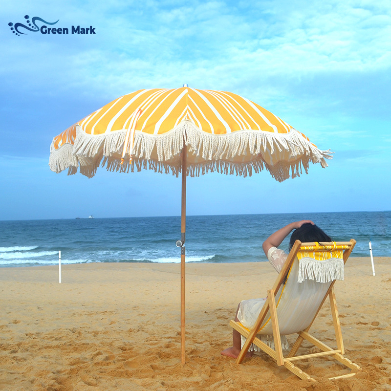 户外露营流苏太阳伞锌合金转轴涤纶流苏太阳伞棉质流苏海滩遮阳伞