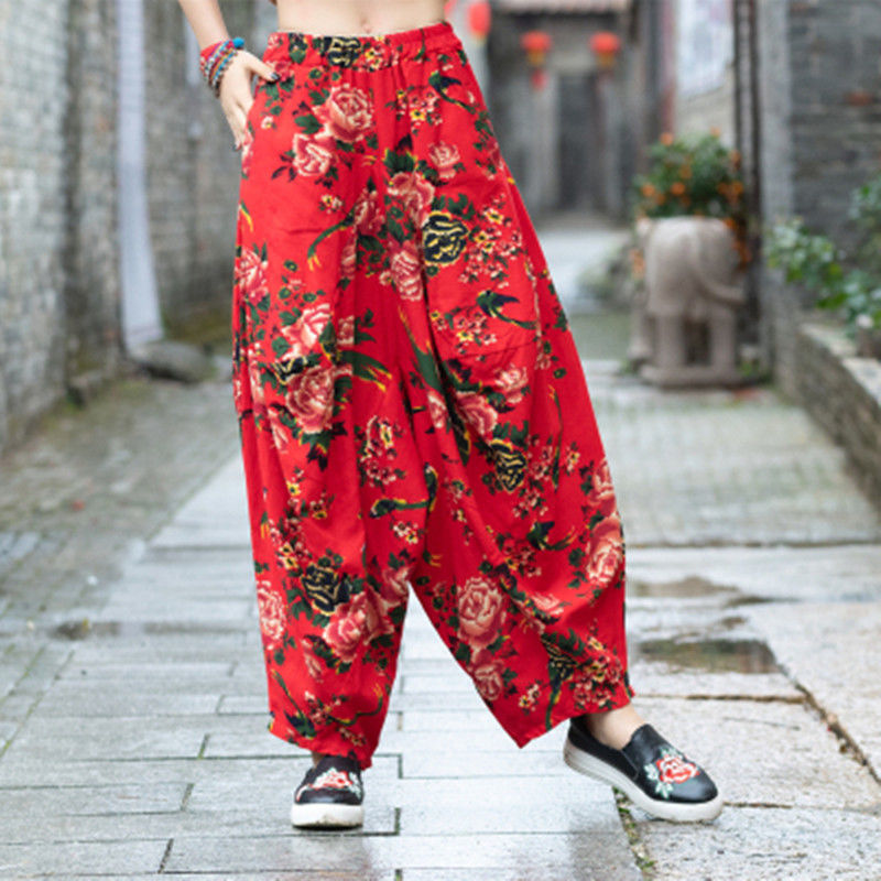 大码哈伦裤女棉麻民族风花裤子夏牡丹花大裆裤-阿里巴巴