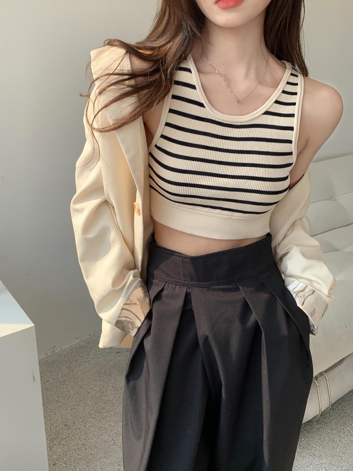 运动条纹针织吊带小背心女装夏季辣妹紧身外穿性感内搭打底衫上衣