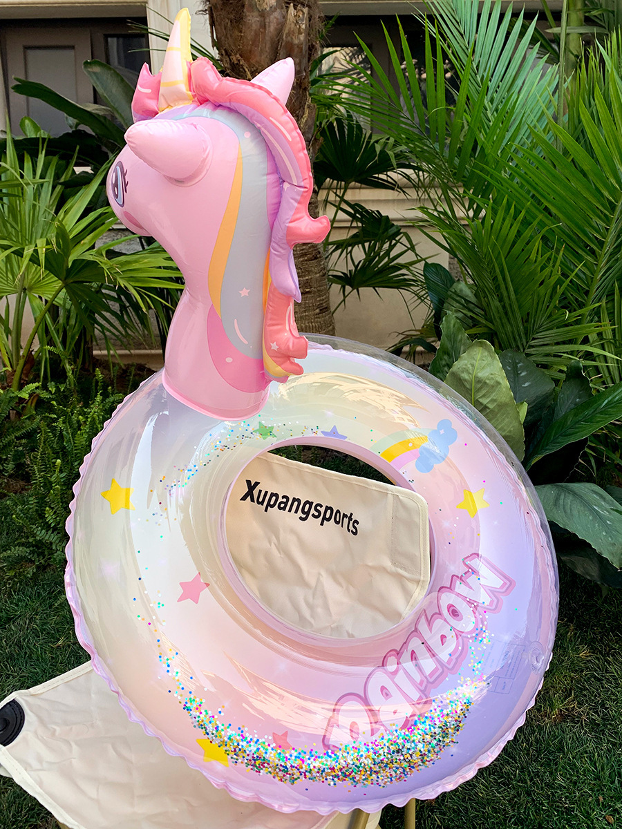 New Children's Pink Rainbow Horse Sequined Swimming Ring Inflatable Water Cute Unicorn Children's Sponge Bottom Seat Ring