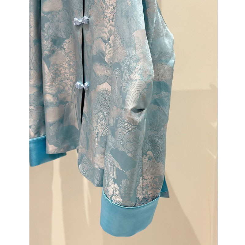 song dynasty brocade women‘s top 2024 spring style new chinese style brocade chinese style blue cardigan buckle satin top