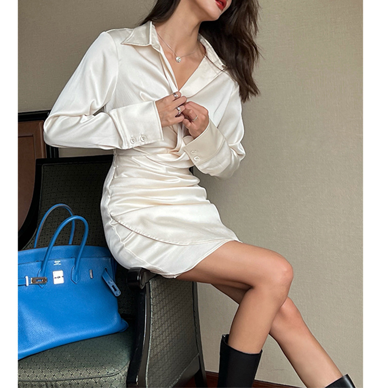 Sparkling Champagne Black Adult Lady like Woman Satin Long Sleeve V-neck Shirt Dress for Women Fitted Waist Pleated Slimming Sheath Dress