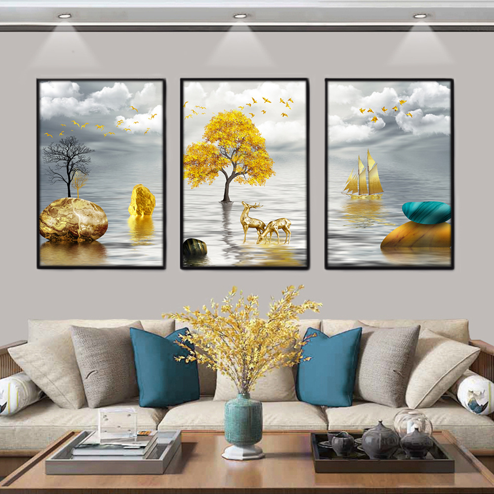 轻奢客厅装饰画沙发背景墙壁画现代简约大气三联画挂画相框批发
